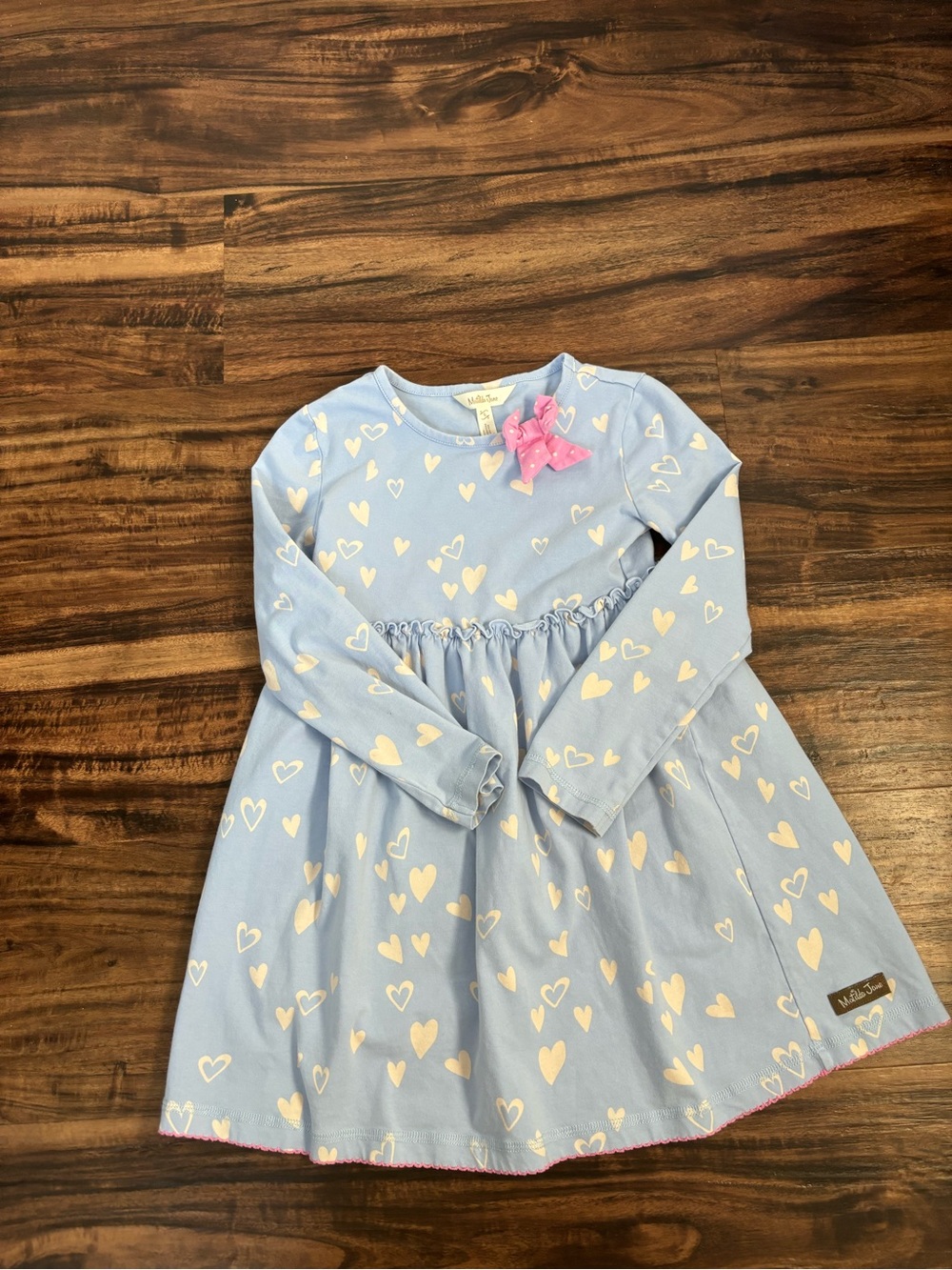 Matilda Jane Light Blue Heart-Print Long Sleeve Dress with Pink Bow